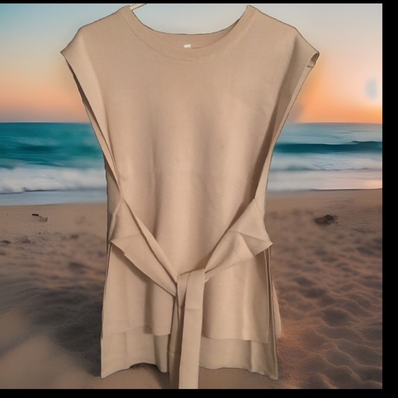 Elegant Apricot Knitting Tank Top W/ The side Open W/Belt Thick Tunic Style Top - Picture 8 of 10